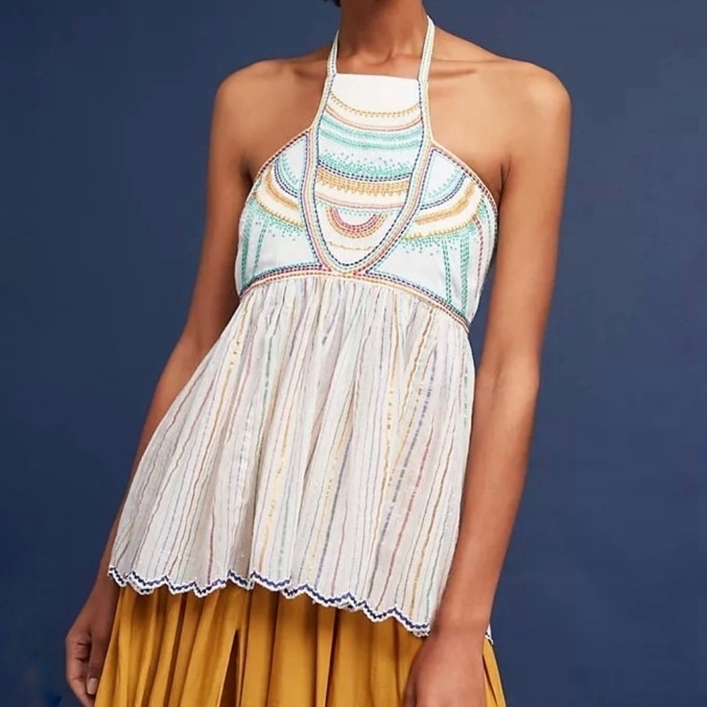 Anthro Floreat Itzel embroidered halter top rainbow metallic stripes size 6 NEW